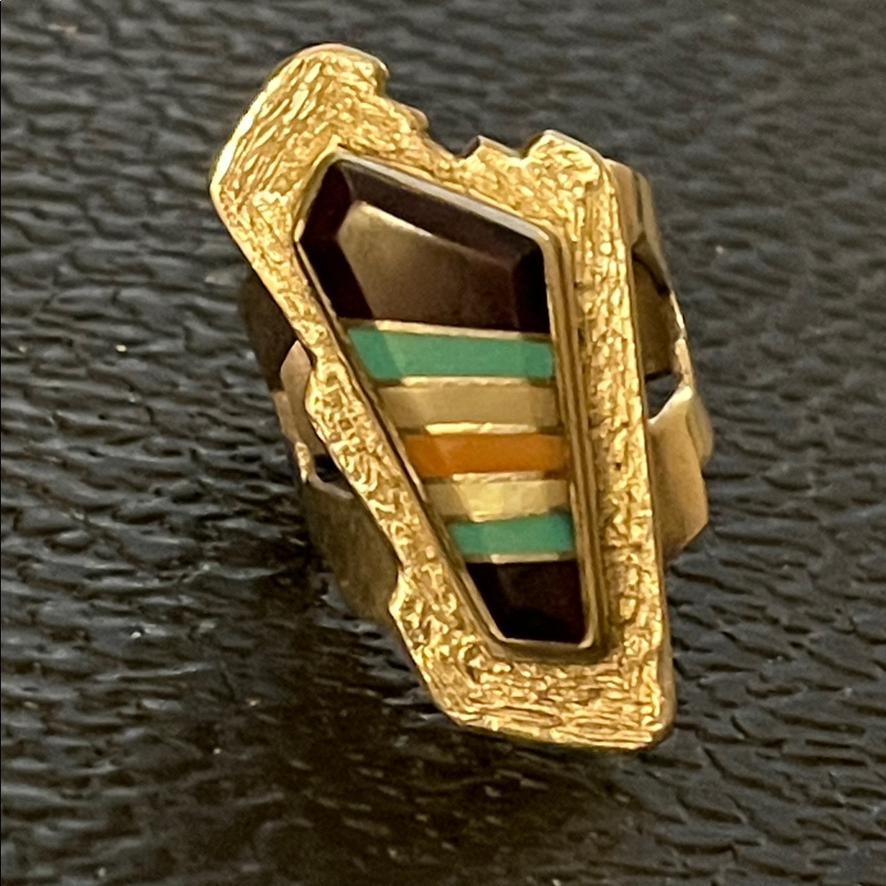 Native American Sterling, silver inlay  ring featuring different gemstones